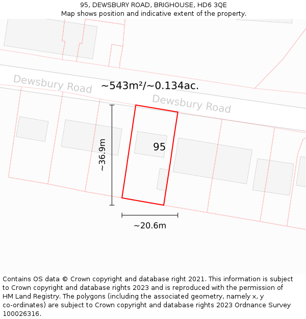 95, DEWSBURY ROAD, BRIGHOUSE, HD6 3QE: Plot and title map