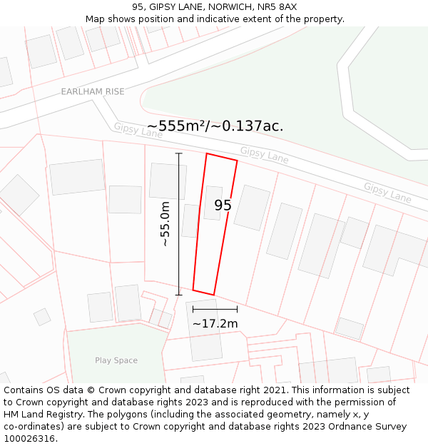 95, GIPSY LANE, NORWICH, NR5 8AX: Plot and title map