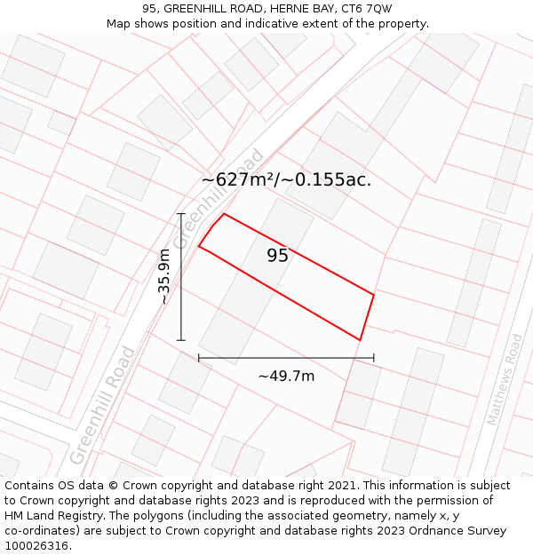 95, GREENHILL ROAD, HERNE BAY, CT6 7QW: Plot and title map