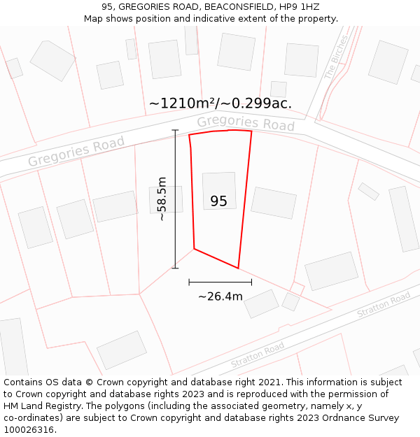 95, GREGORIES ROAD, BEACONSFIELD, HP9 1HZ: Plot and title map