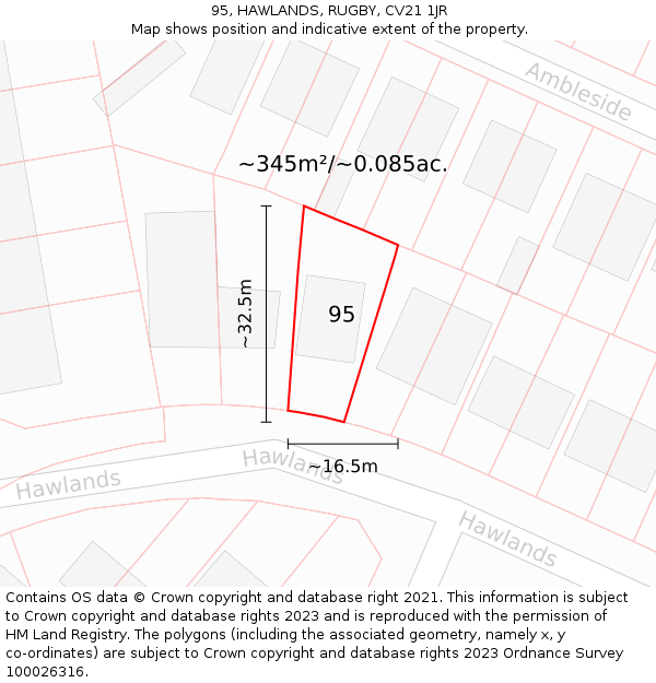 95, HAWLANDS, RUGBY, CV21 1JR: Plot and title map