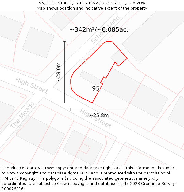 95, HIGH STREET, EATON BRAY, DUNSTABLE, LU6 2DW: Plot and title map