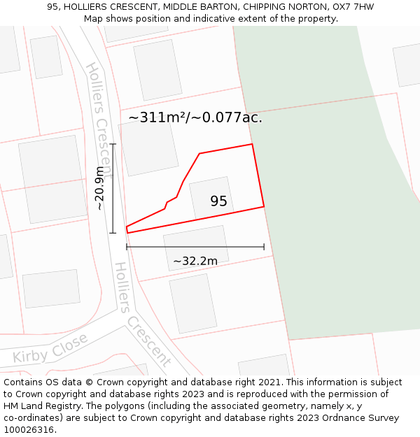 95, HOLLIERS CRESCENT, MIDDLE BARTON, CHIPPING NORTON, OX7 7HW: Plot and title map