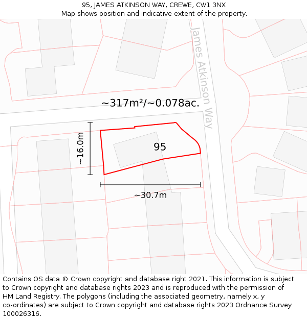 95, JAMES ATKINSON WAY, CREWE, CW1 3NX: Plot and title map