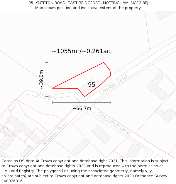 95, KNEETON ROAD, EAST BRIDGFORD, NOTTINGHAM, NG13 8PJ: Plot and title map