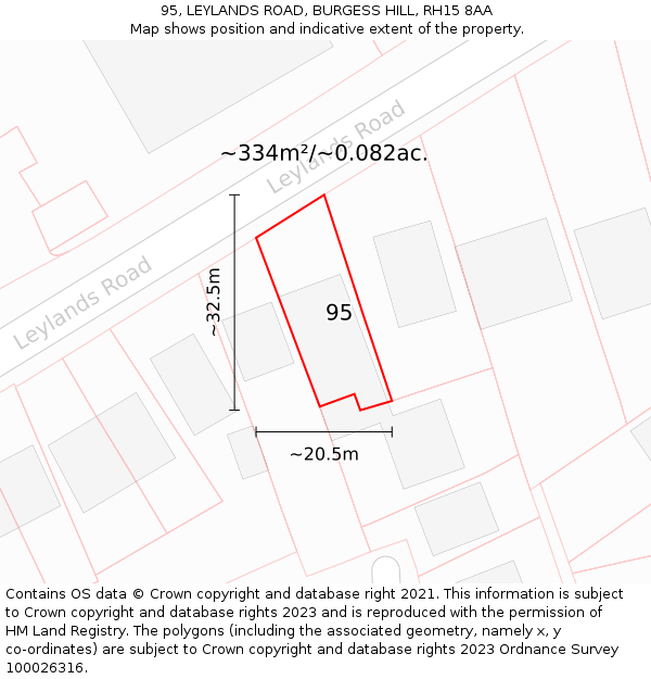 95, LEYLANDS ROAD, BURGESS HILL, RH15 8AA: Plot and title map