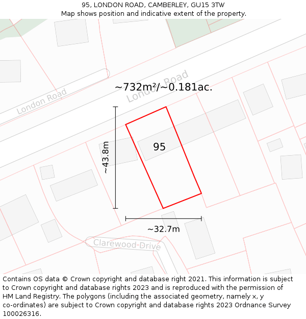 95, LONDON ROAD, CAMBERLEY, GU15 3TW: Plot and title map
