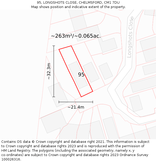 95, LONGSHOTS CLOSE, CHELMSFORD, CM1 7DU: Plot and title map