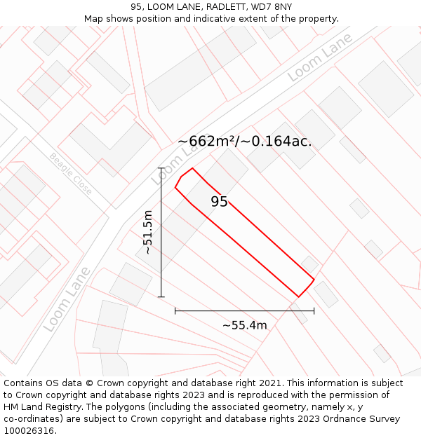 95, LOOM LANE, RADLETT, WD7 8NY: Plot and title map