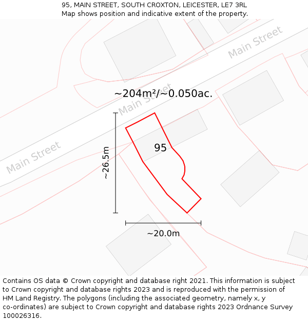 95, MAIN STREET, SOUTH CROXTON, LEICESTER, LE7 3RL: Plot and title map