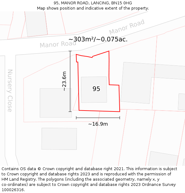 95, MANOR ROAD, LANCING, BN15 0HG: Plot and title map