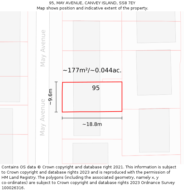 95, MAY AVENUE, CANVEY ISLAND, SS8 7EY: Plot and title map