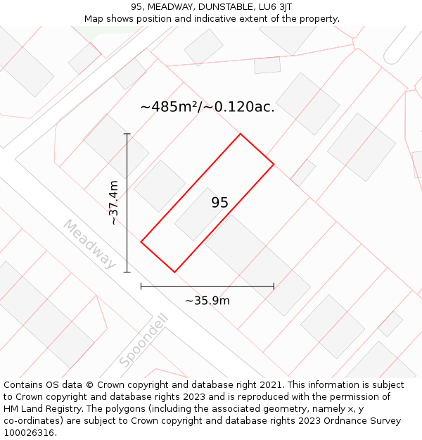 95, MEADWAY, DUNSTABLE, LU6 3JT: Plot and title map