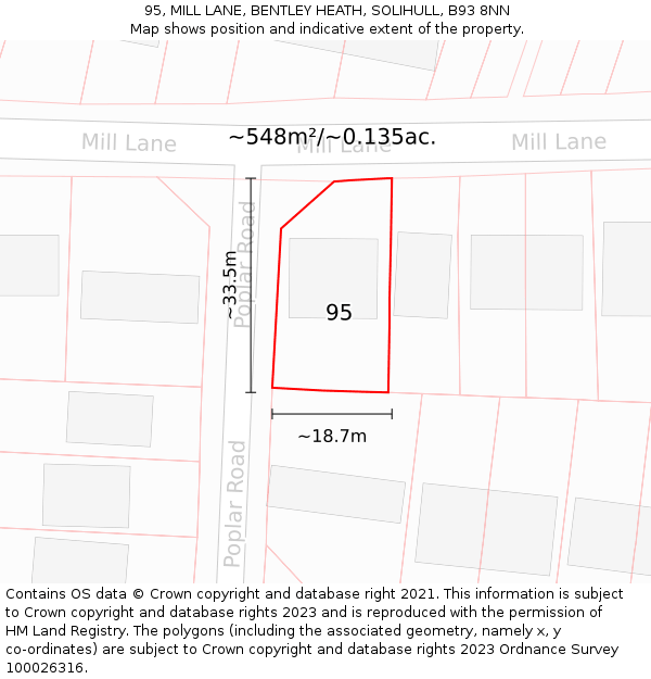 95, MILL LANE, BENTLEY HEATH, SOLIHULL, B93 8NN: Plot and title map