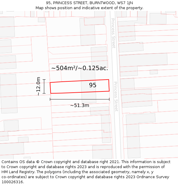 95, PRINCESS STREET, BURNTWOOD, WS7 1JN: Plot and title map