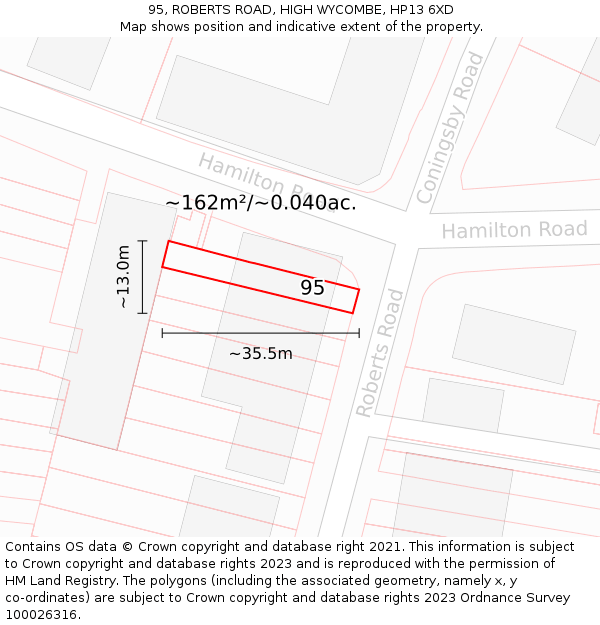 95, ROBERTS ROAD, HIGH WYCOMBE, HP13 6XD: Plot and title map