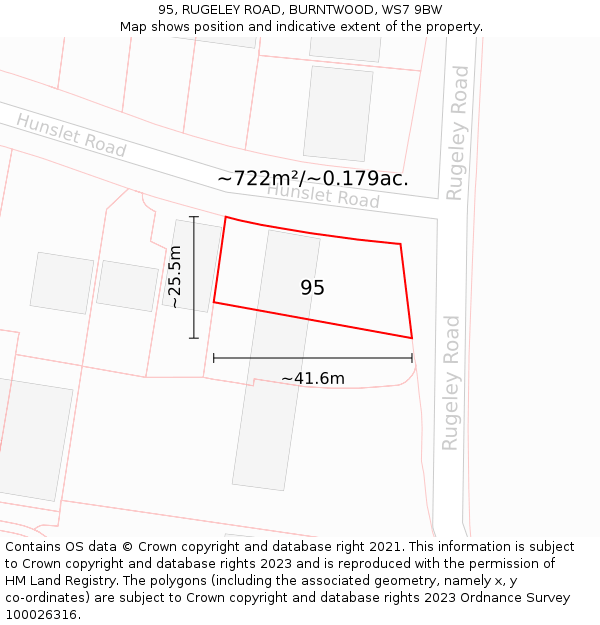 95, RUGELEY ROAD, BURNTWOOD, WS7 9BW: Plot and title map