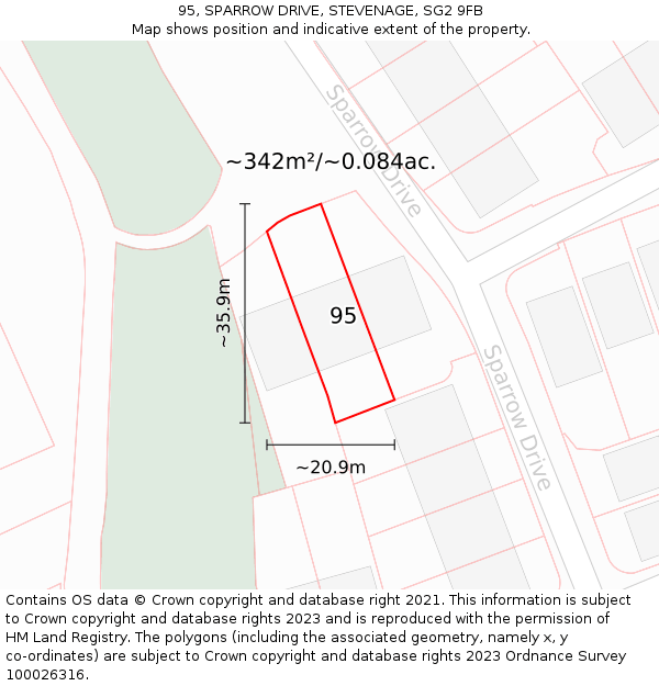 95, SPARROW DRIVE, STEVENAGE, SG2 9FB: Plot and title map