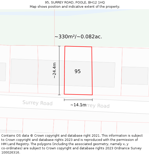 95, SURREY ROAD, POOLE, BH12 1HQ: Plot and title map