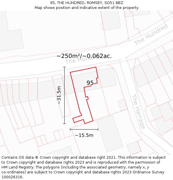 95, THE HUNDRED, ROMSEY, SO51 8BZ: Plot and title map