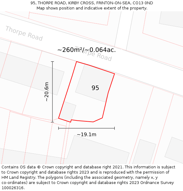 95, THORPE ROAD, KIRBY CROSS, FRINTON-ON-SEA, CO13 0ND: Plot and title map