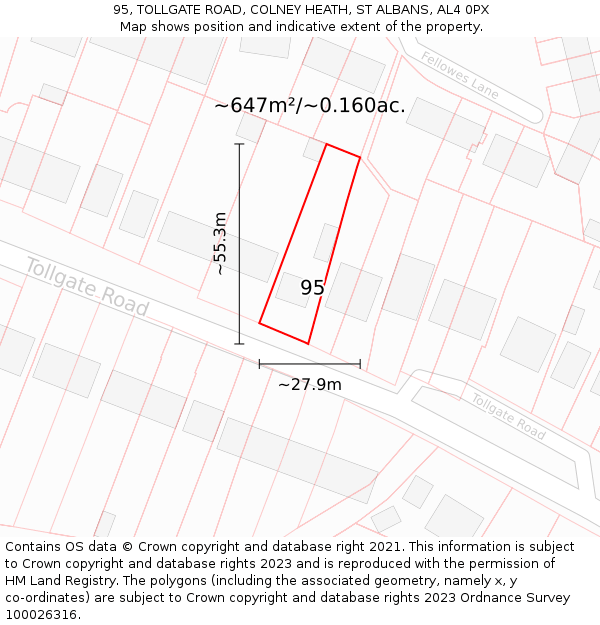 95, TOLLGATE ROAD, COLNEY HEATH, ST ALBANS, AL4 0PX: Plot and title map