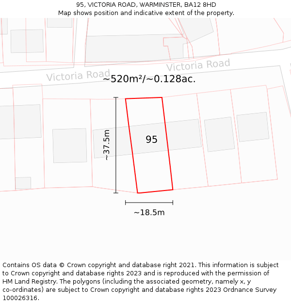 95, VICTORIA ROAD, WARMINSTER, BA12 8HD: Plot and title map