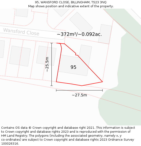 95, WANSFORD CLOSE, BILLINGHAM, TS23 3NQ: Plot and title map