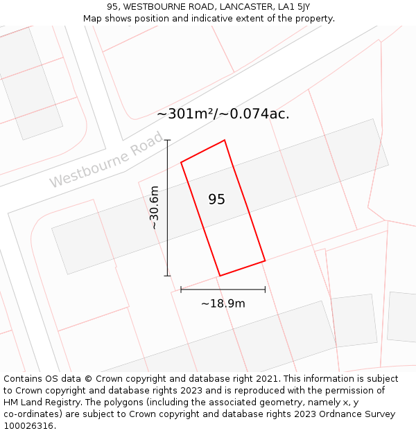 95, WESTBOURNE ROAD, LANCASTER, LA1 5JY: Plot and title map