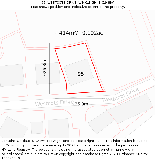 95, WESTCOTS DRIVE, WINKLEIGH, EX19 8JW: Plot and title map