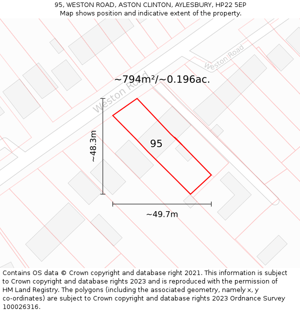 95, WESTON ROAD, ASTON CLINTON, AYLESBURY, HP22 5EP: Plot and title map