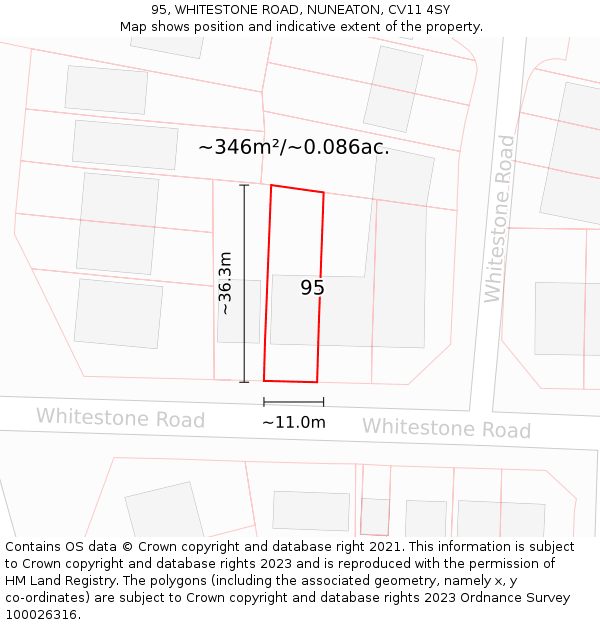 95, WHITESTONE ROAD, NUNEATON, CV11 4SY: Plot and title map