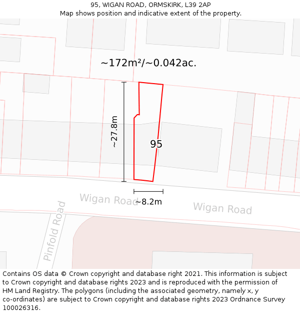 95, WIGAN ROAD, ORMSKIRK, L39 2AP: Plot and title map