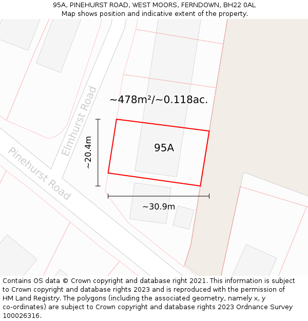 95A, PINEHURST ROAD, WEST MOORS, FERNDOWN, BH22 0AL: Plot and title map