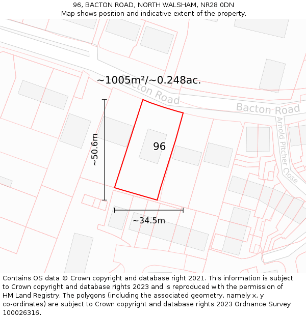 96, BACTON ROAD, NORTH WALSHAM, NR28 0DN: Plot and title map