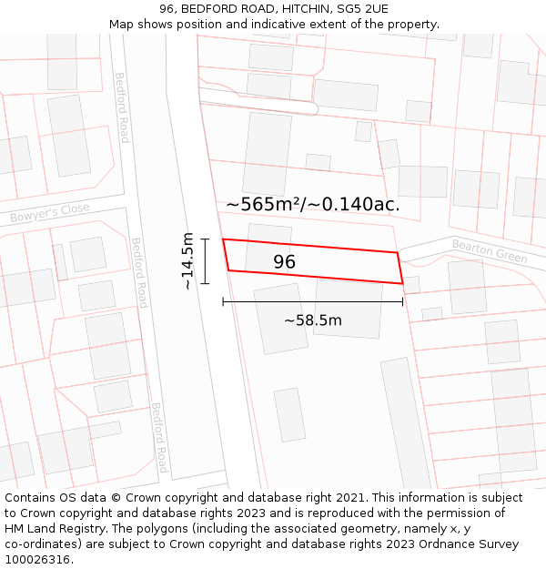 96, BEDFORD ROAD, HITCHIN, SG5 2UE: Plot and title map