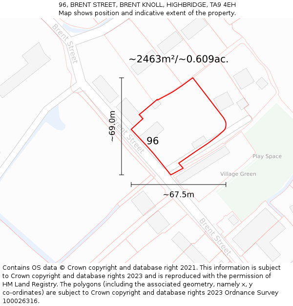 96, BRENT STREET, BRENT KNOLL, HIGHBRIDGE, TA9 4EH: Plot and title map