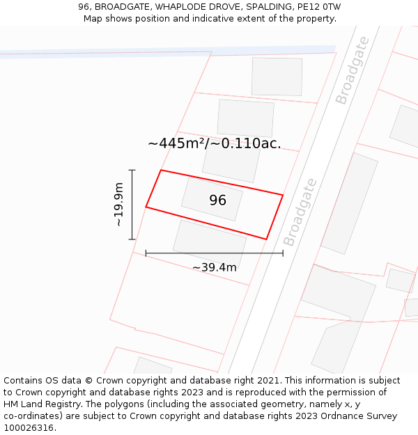 96, BROADGATE, WHAPLODE DROVE, SPALDING, PE12 0TW: Plot and title map