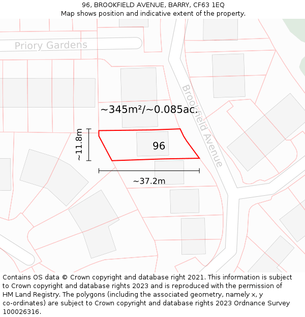 96, BROOKFIELD AVENUE, BARRY, CF63 1EQ: Plot and title map