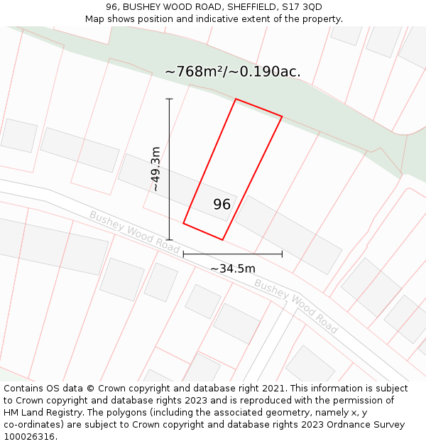 96, BUSHEY WOOD ROAD, SHEFFIELD, S17 3QD: Plot and title map