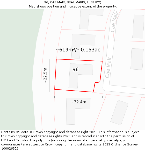 96, CAE MAIR, BEAUMARIS, LL58 8YQ: Plot and title map