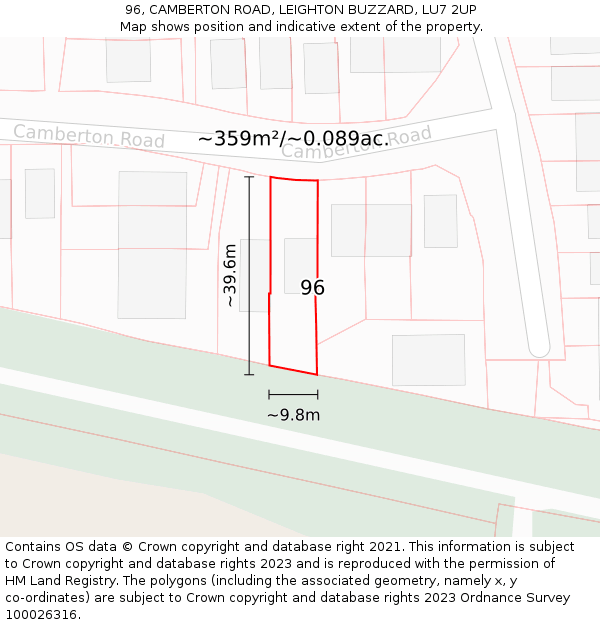 96, CAMBERTON ROAD, LEIGHTON BUZZARD, LU7 2UP: Plot and title map