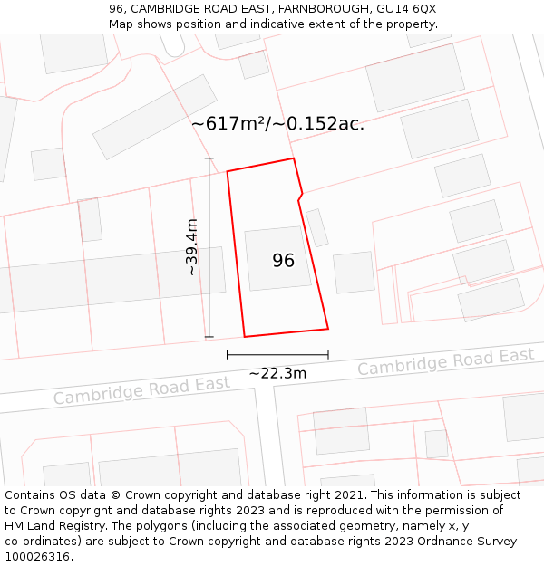 96, CAMBRIDGE ROAD EAST, FARNBOROUGH, GU14 6QX: Plot and title map