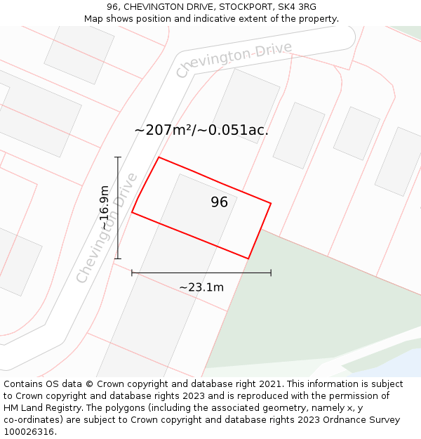 96, CHEVINGTON DRIVE, STOCKPORT, SK4 3RG: Plot and title map