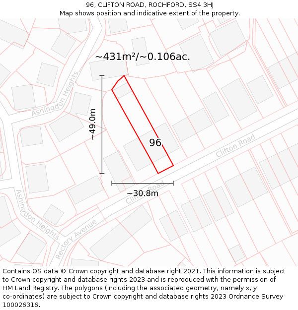 96, CLIFTON ROAD, ROCHFORD, SS4 3HJ: Plot and title map