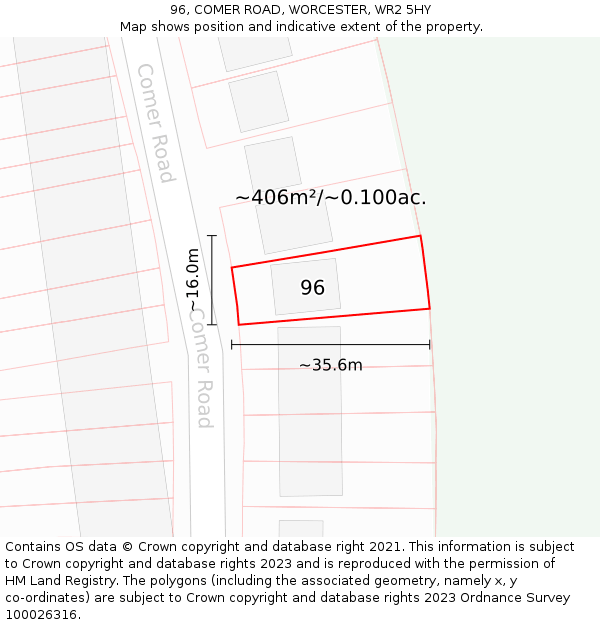 96, COMER ROAD, WORCESTER, WR2 5HY: Plot and title map