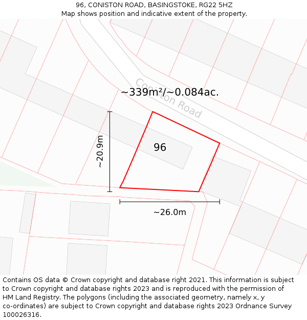 96, CONISTON ROAD, BASINGSTOKE, RG22 5HZ: Plot and title map
