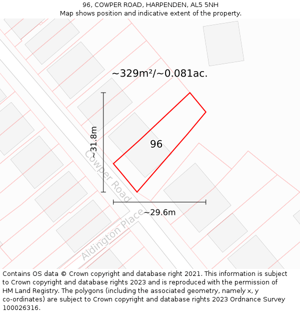 96, COWPER ROAD, HARPENDEN, AL5 5NH: Plot and title map