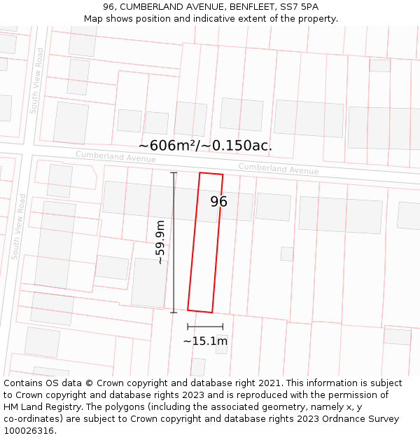 96, CUMBERLAND AVENUE, BENFLEET, SS7 5PA: Plot and title map