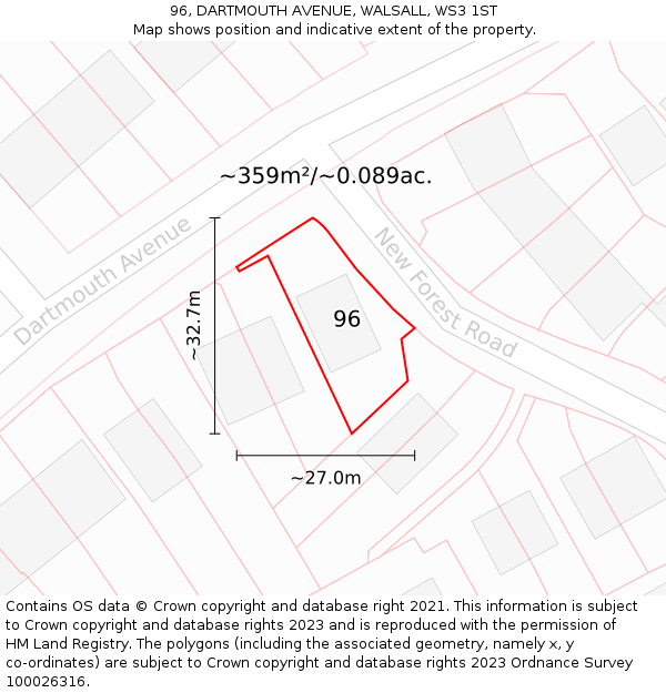 96, DARTMOUTH AVENUE, WALSALL, WS3 1ST: Plot and title map